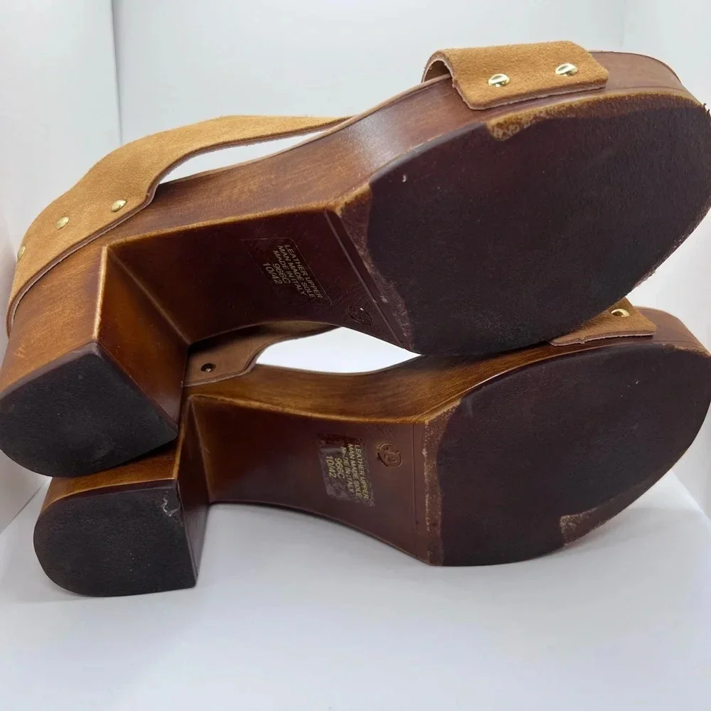 Mila Paoli Wood Block Heel Platform Sandals Suede Leather Made In Italy Size 10